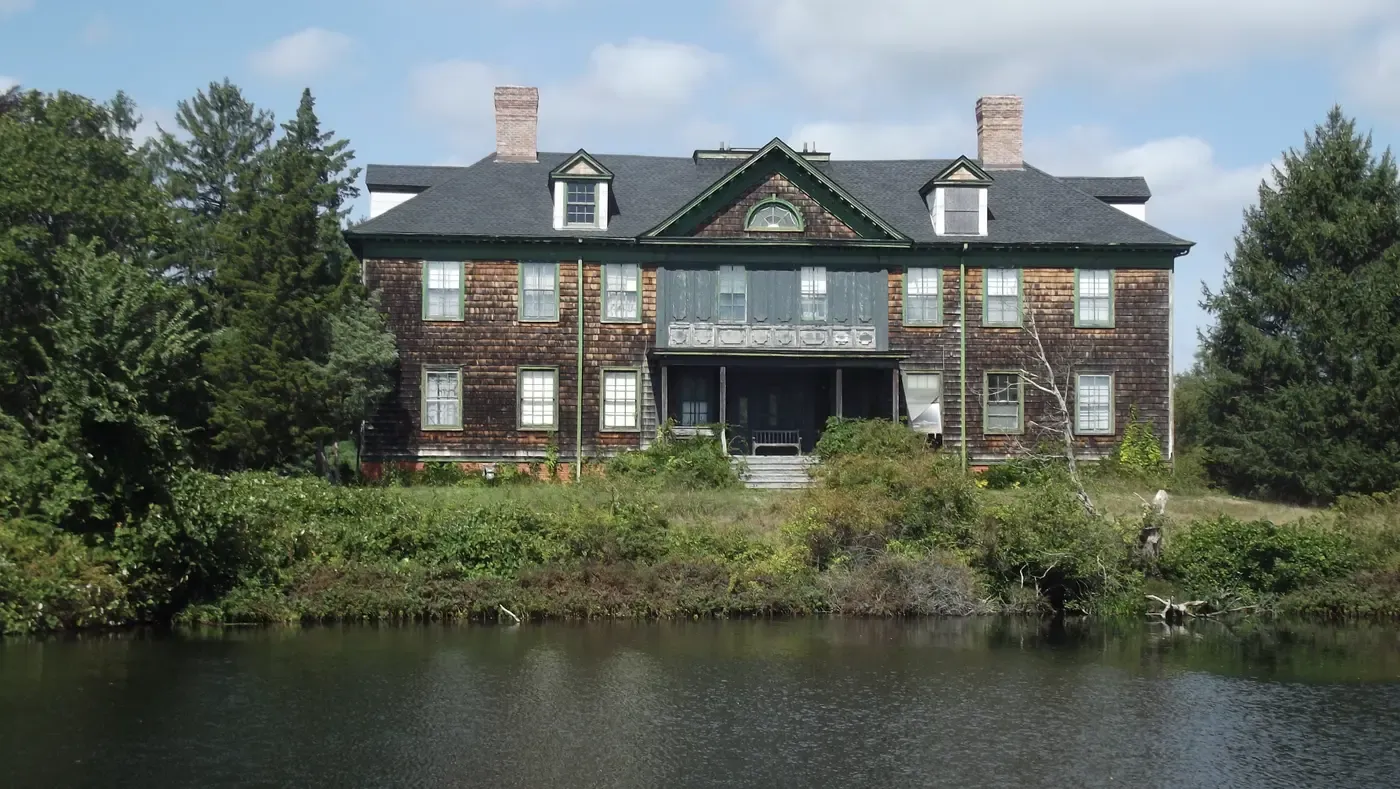 The Southside Sportsmen's Club clubhouse across the Connetquot River, Connetquot River State Park Preserve, Oakdale